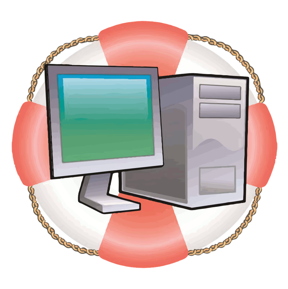 Loren Ullom's Computer Help logo: a computer inside a rescue tube riding ocean waves